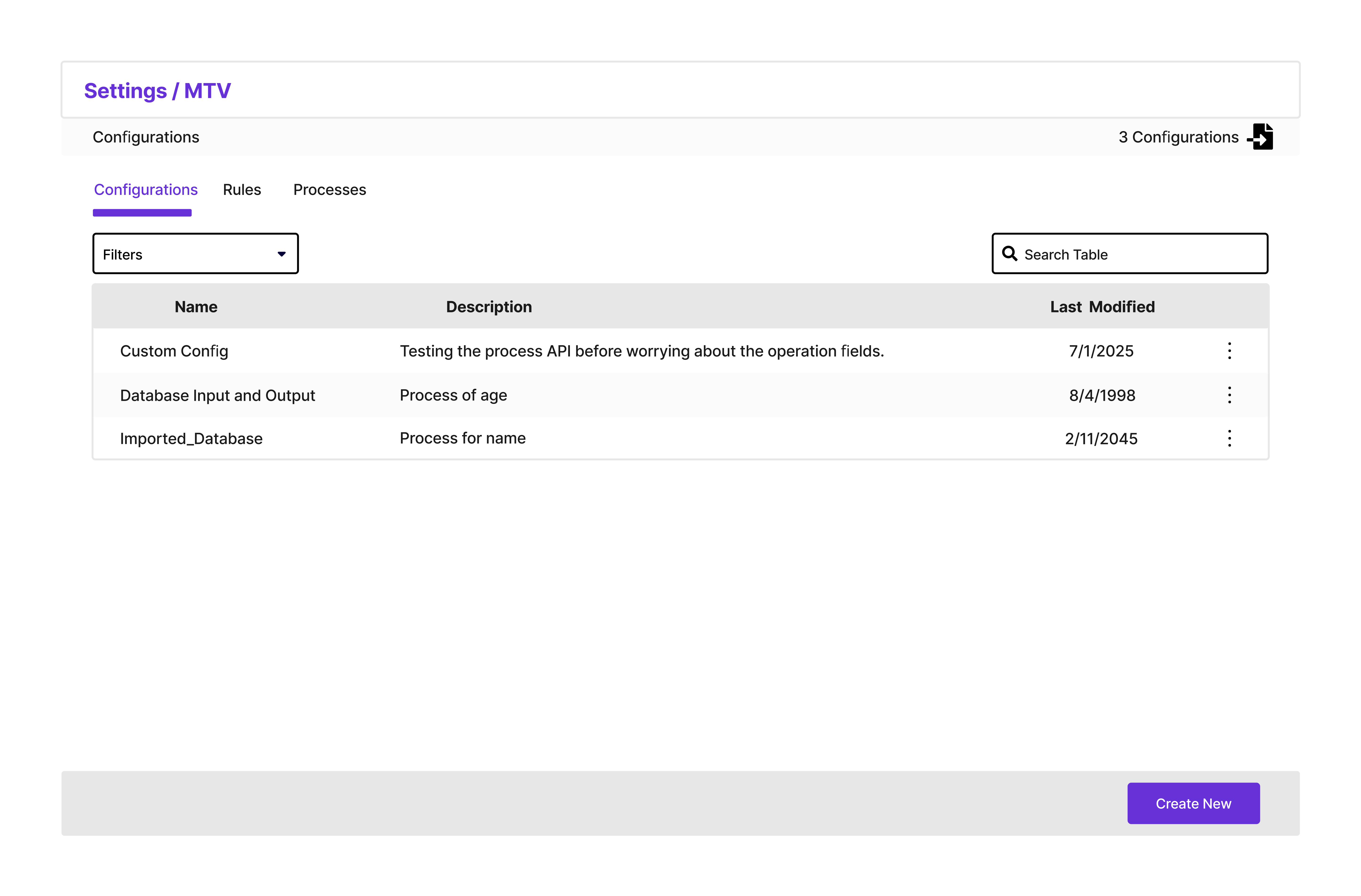 Configuration Table Screen