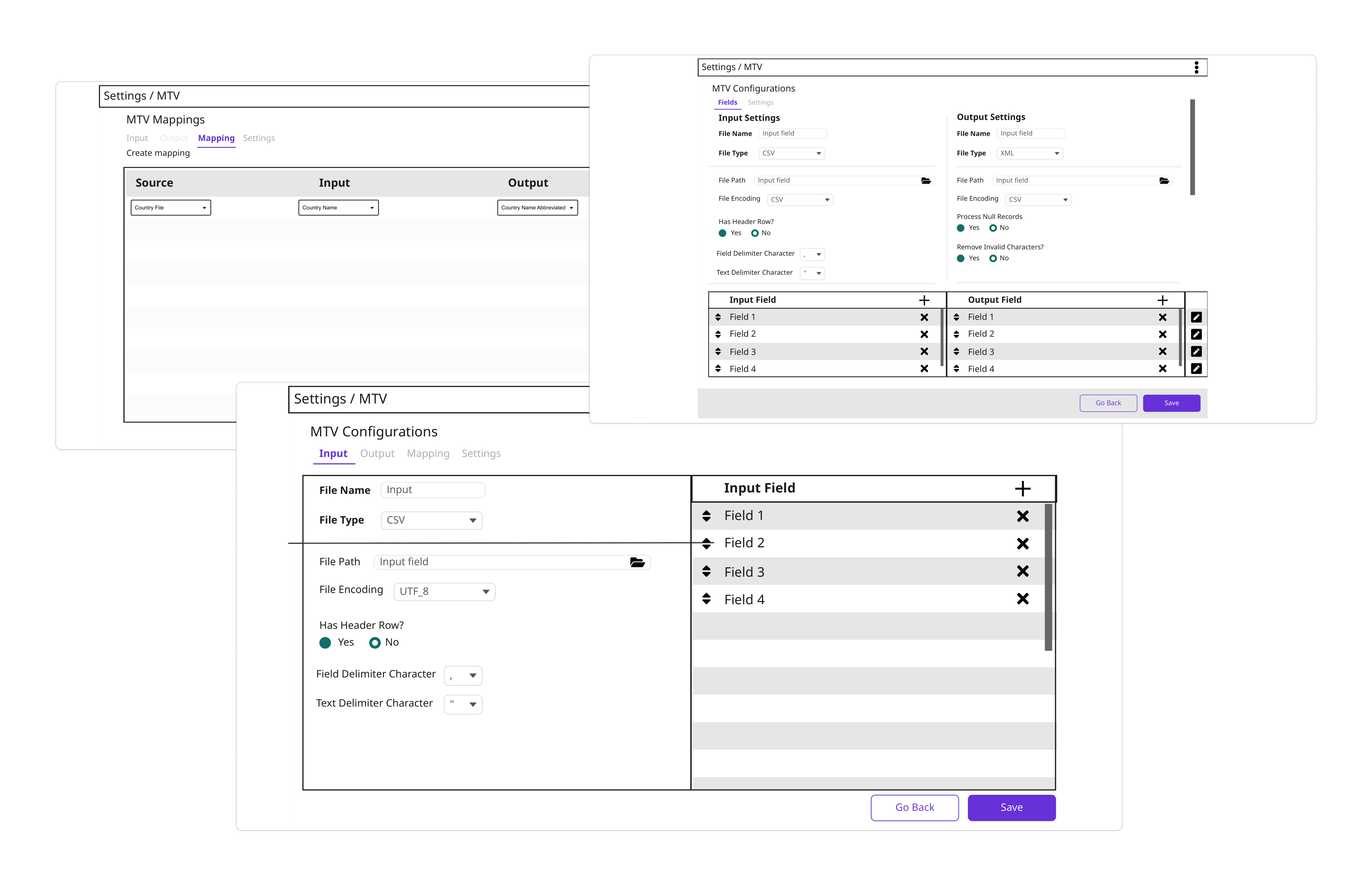 Various design iterations of the UI