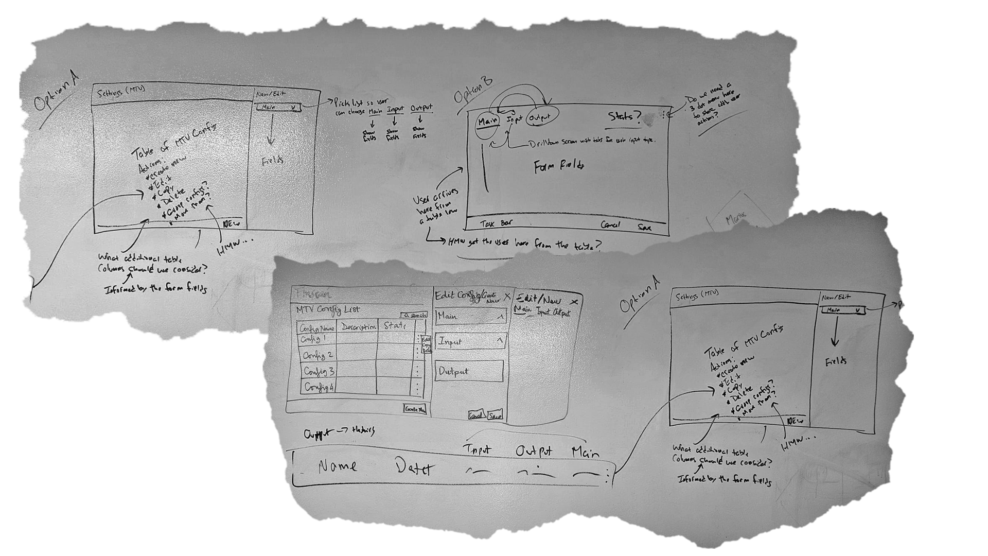 Whiteboard sketches of user flows and UI ideas